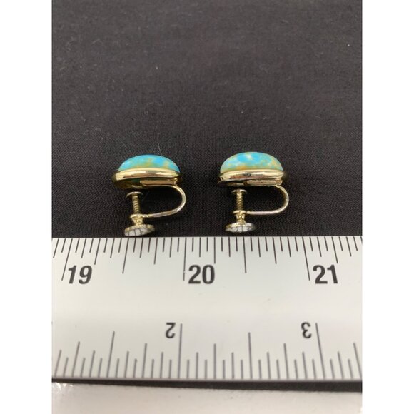 Cabachon Faux Turquoise Screw Back Earrings Pair Unmarked - Picture 4 of 5